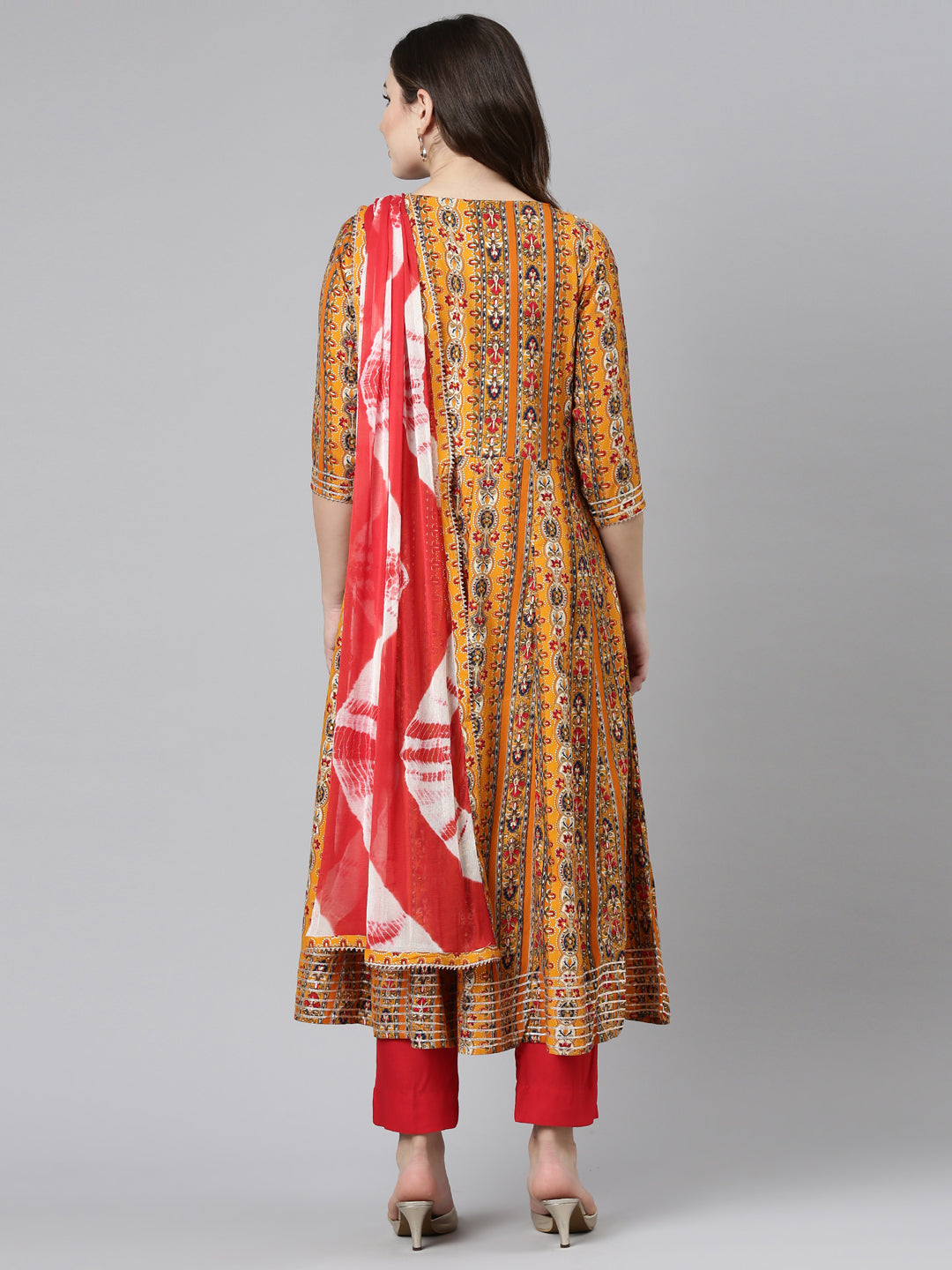 Neerus Yellow printed straight kurta set with trouser and dupatta - side view