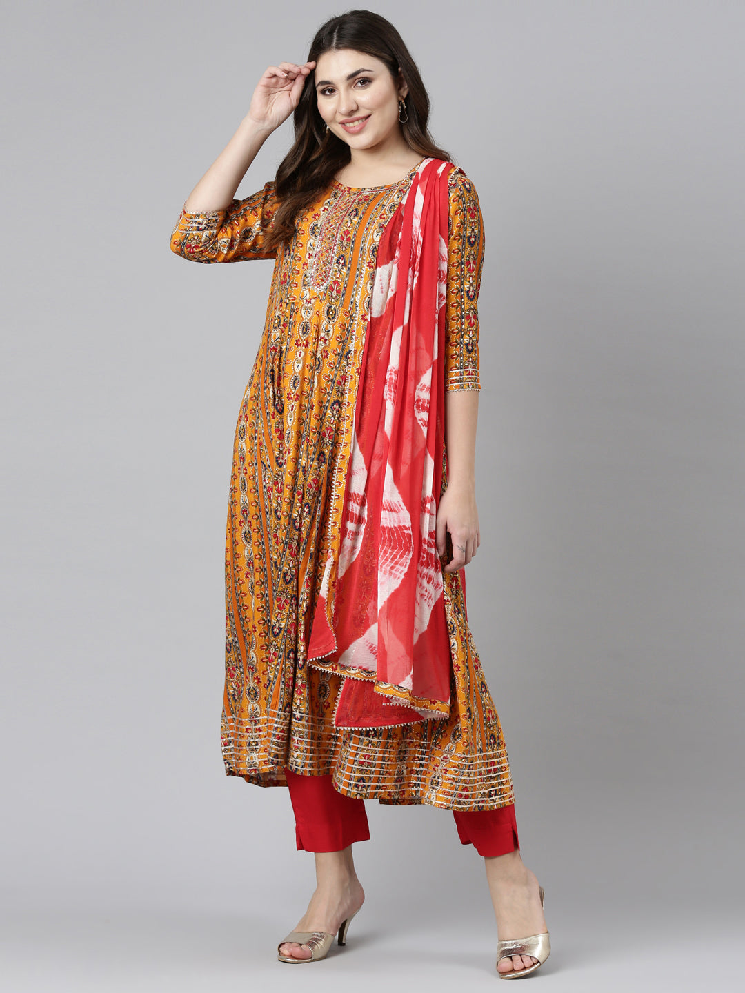 Neerus Yellow printed straight kurta set with trouser and dupatta - detail view 2
