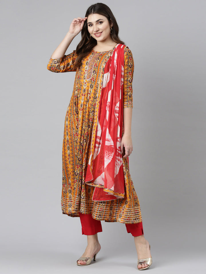 Neerus Yellow printed straight kurta set with trouser and dupatta - detail view 2