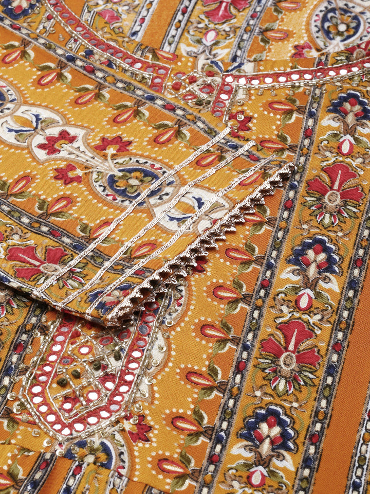 Neerus Yellow Viscose Rayon Printed Anarkali Kurta Set - detail view 2