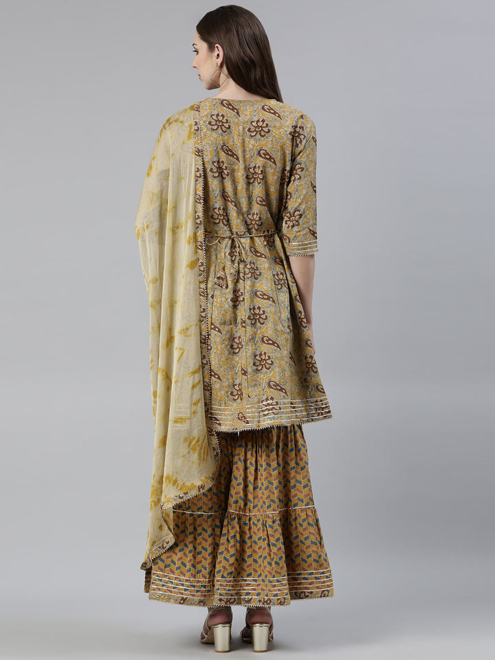 Neerus Yellow Viscose Rayon Printed Kurta Set with Sharara and Dupatta - side view