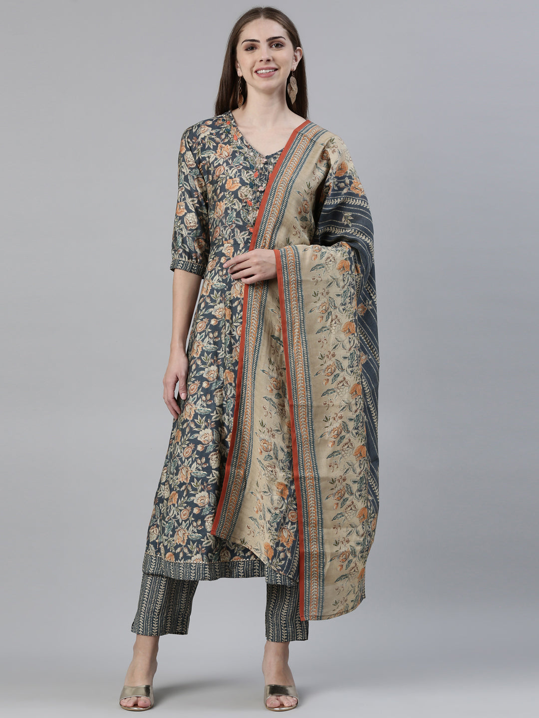 Neerus Grey printed kurta set with trouser and dupatta - front view