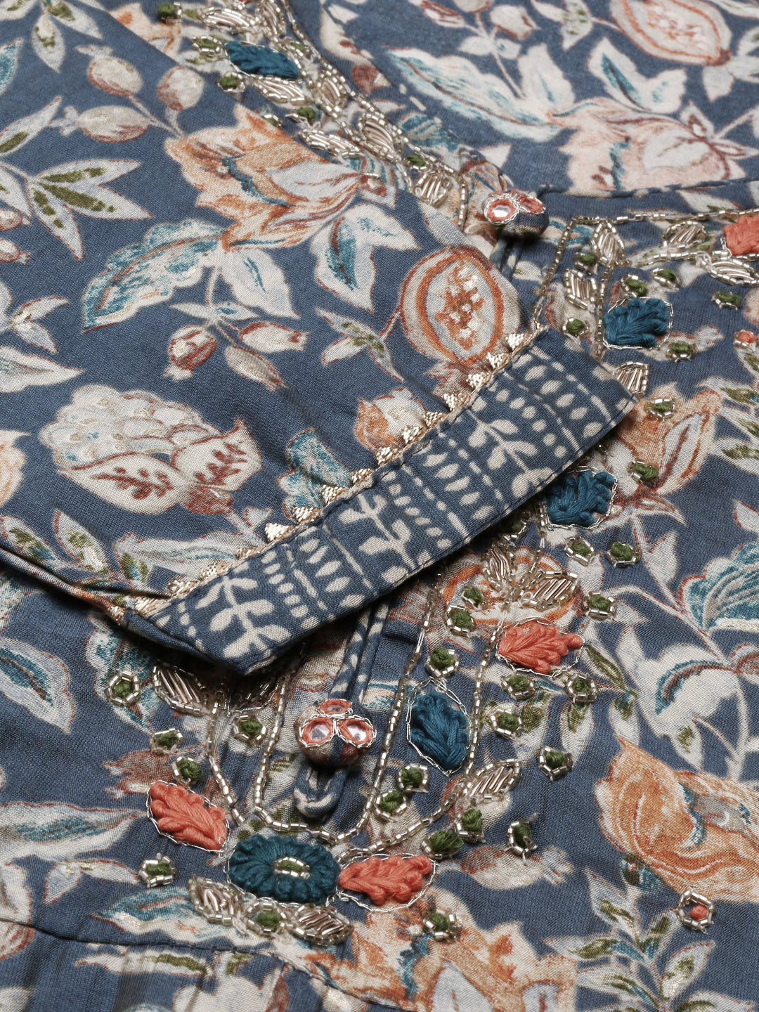 Neerus Grey printed kurta set with trouser and dupatta - detail view 2