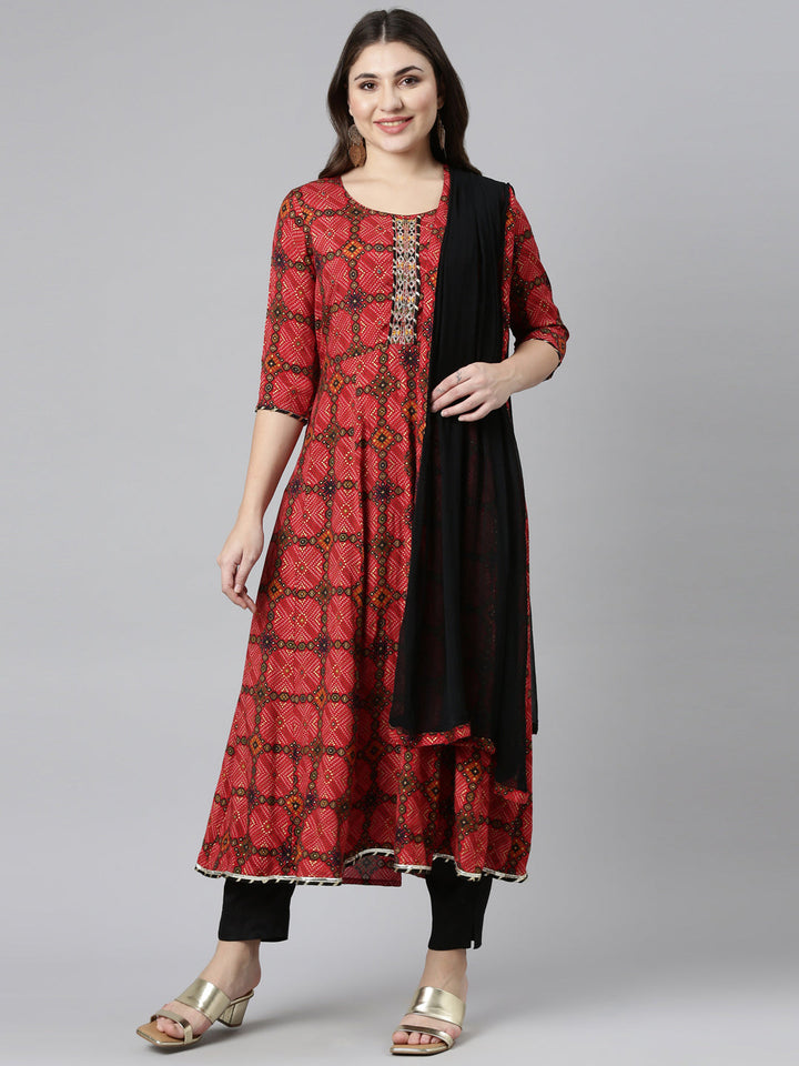 Neerus Red printed straight kurta set with dupatta - front view
