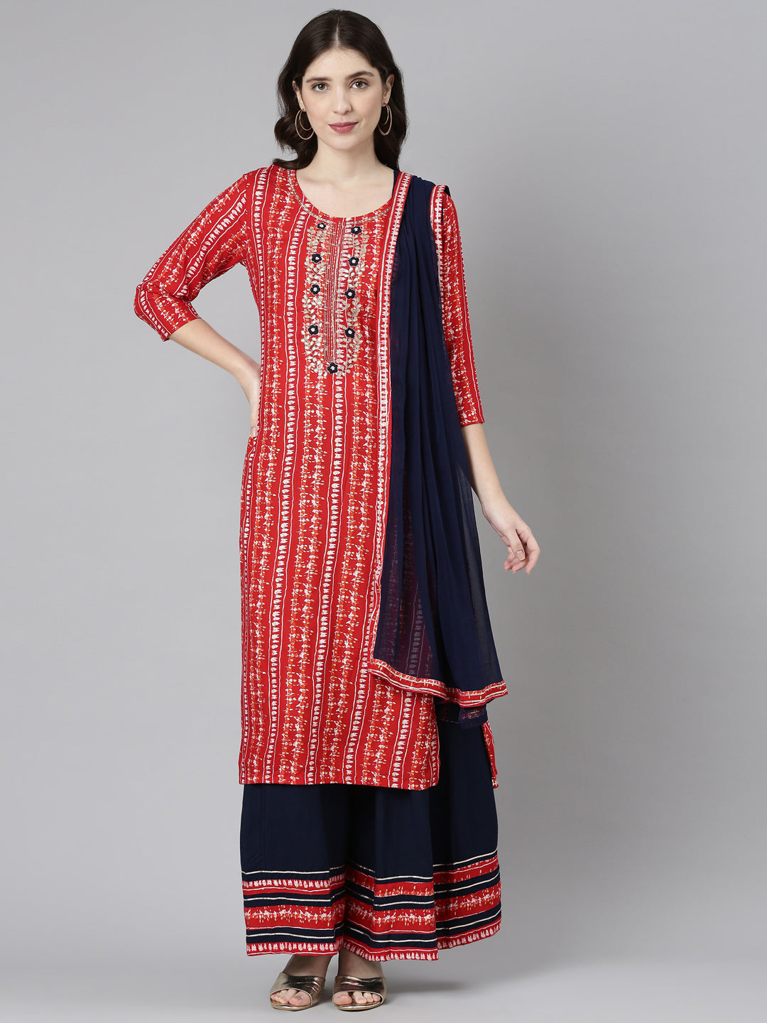 Neerus Red printed straight kurta set with palazzo and dupatta - front view