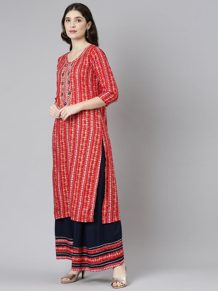 Neerus Red printed straight kurta set with palazzo and dupatta - back view