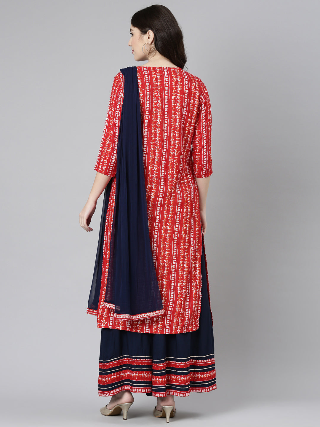 Neerus Red printed straight kurta set with palazzo and dupatta - side view