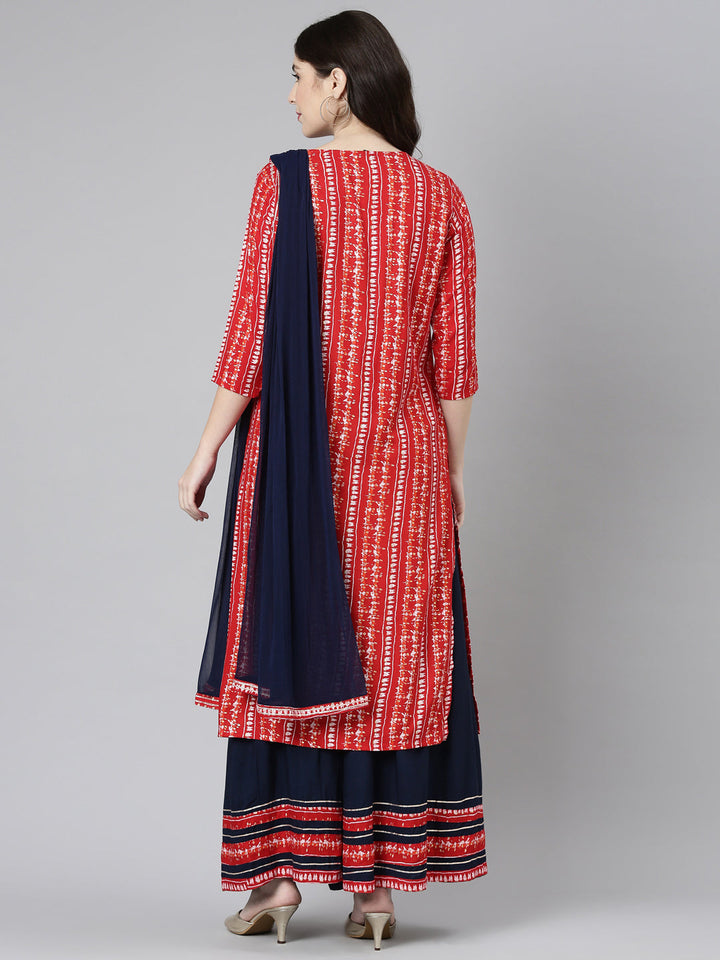 Neerus Red printed straight kurta set with palazzo and dupatta - side view