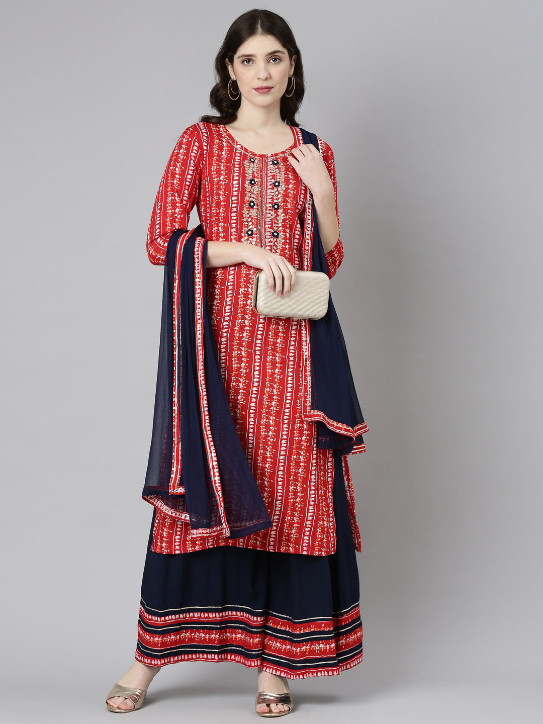 Neerus Red printed straight kurta set with palazzo and dupatta - detail view 2