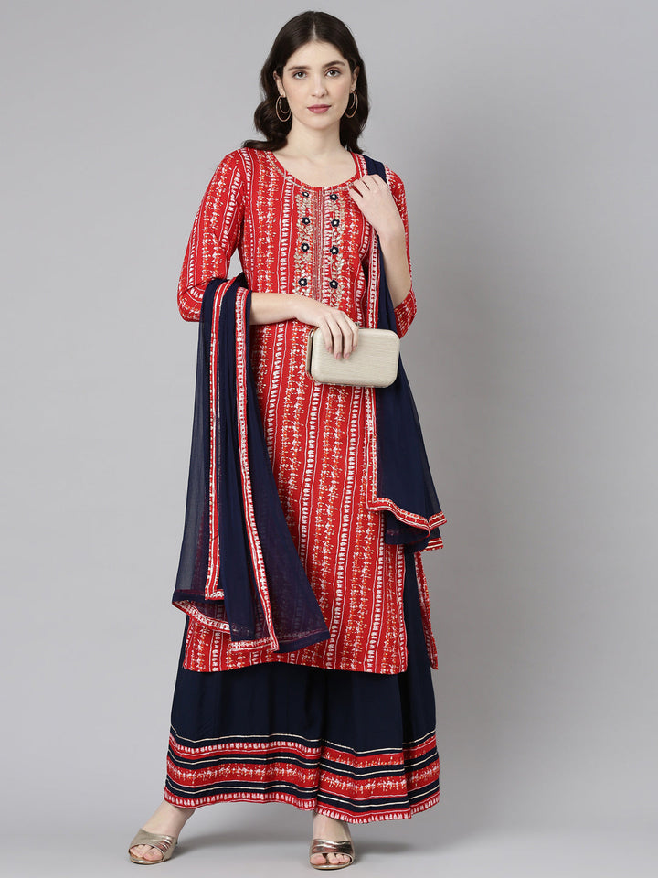 Neerus Red printed straight kurta set with palazzo and dupatta - detail view 2