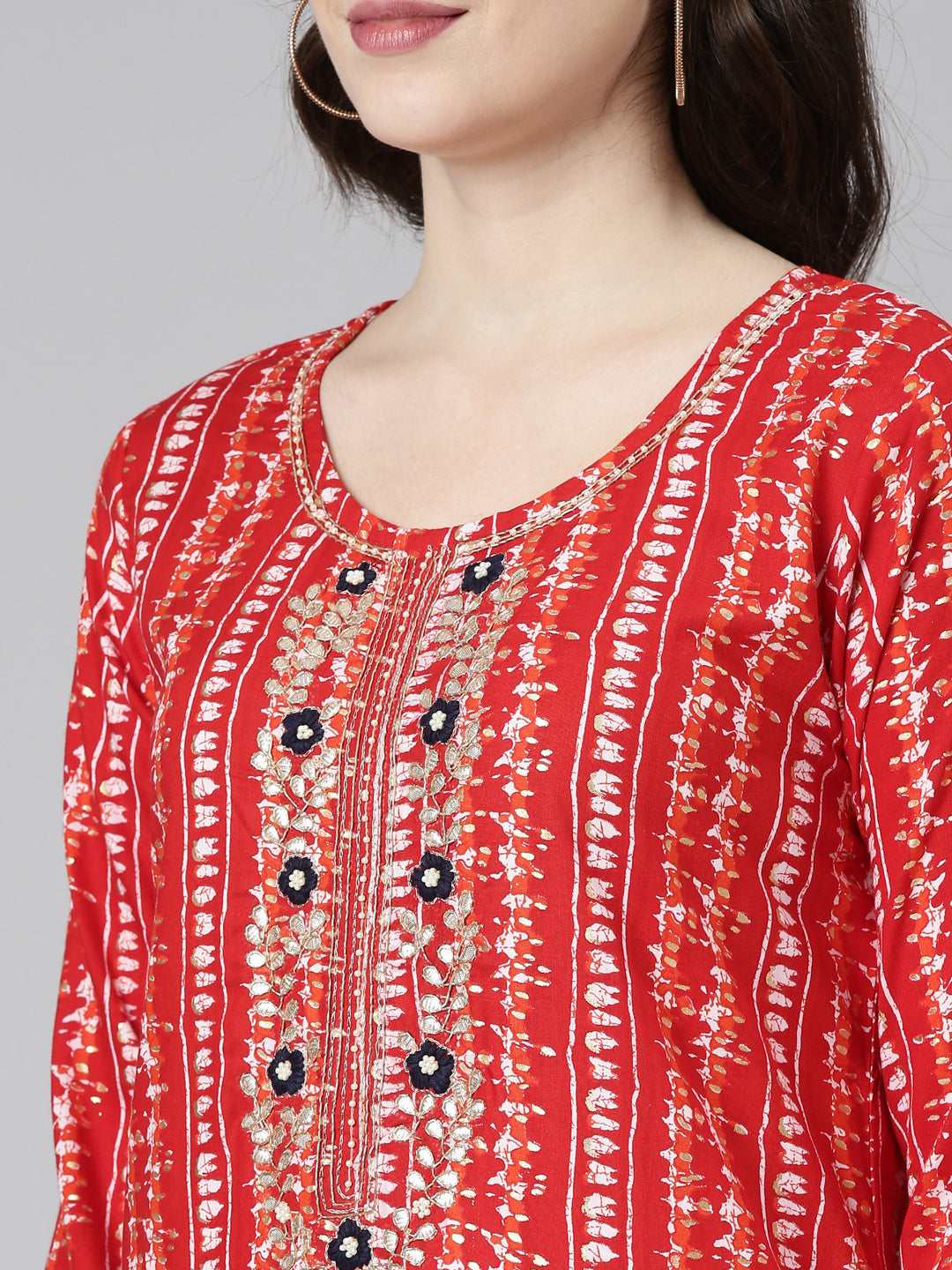Neerus Red printed straight kurta set with palazzo and dupatta - detail view 1