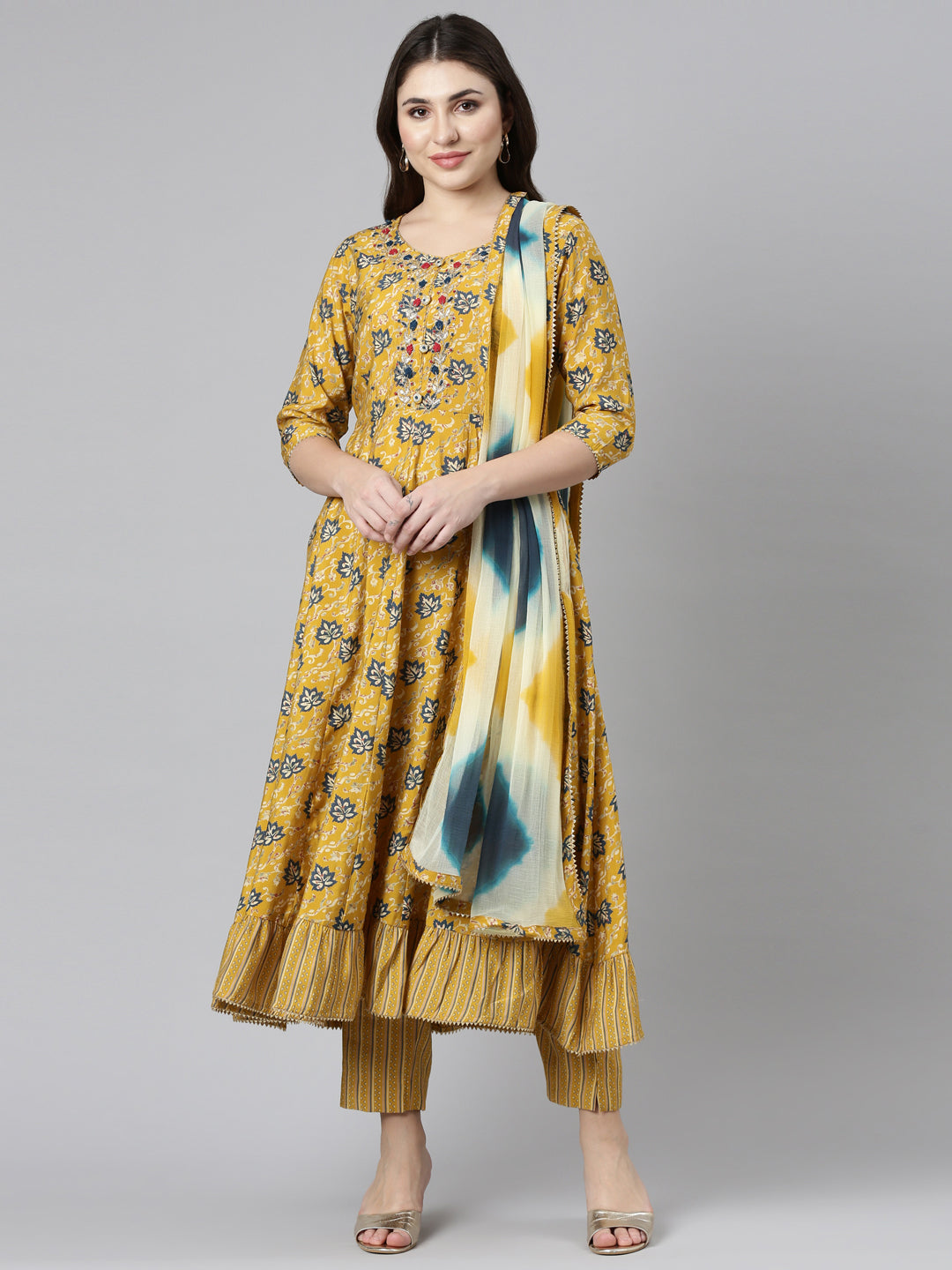 Neerus Yellow rayon printed kurta set with trousers and dupatta - front view
