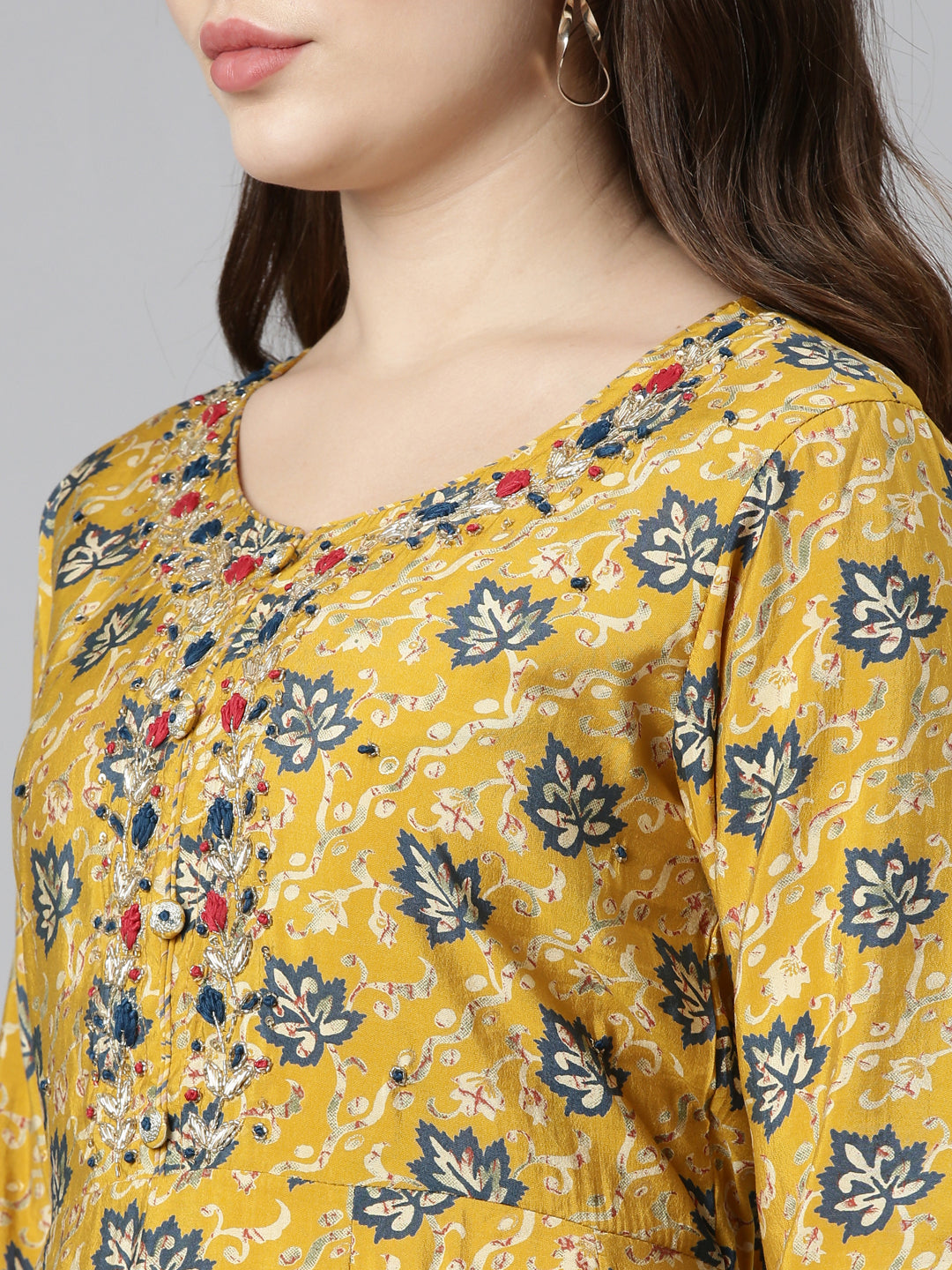 Neerus Yellow rayon printed kurta set with trousers and dupatta - detail view 1