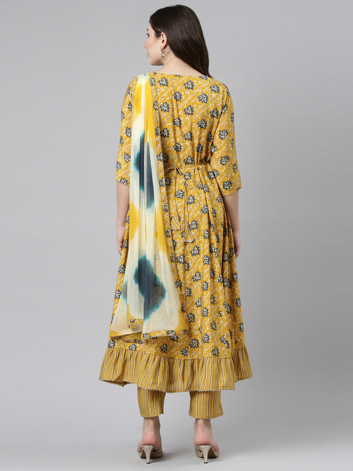 Neerus Yellow rayon printed kurta set with trousers and dupatta - side view