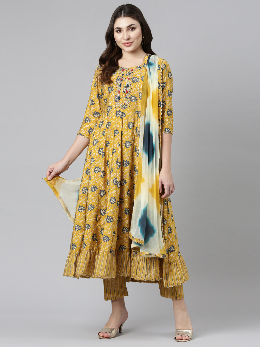 Neerus Yellow rayon printed kurta set with trousers and dupatta - detail view 2