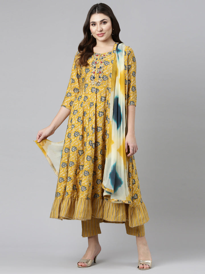 Neerus Yellow rayon printed kurta set with trousers and dupatta - detail view 2