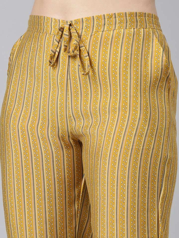 Neerus Yellow rayon printed kurta set with trousers and dupatta - detail view 3