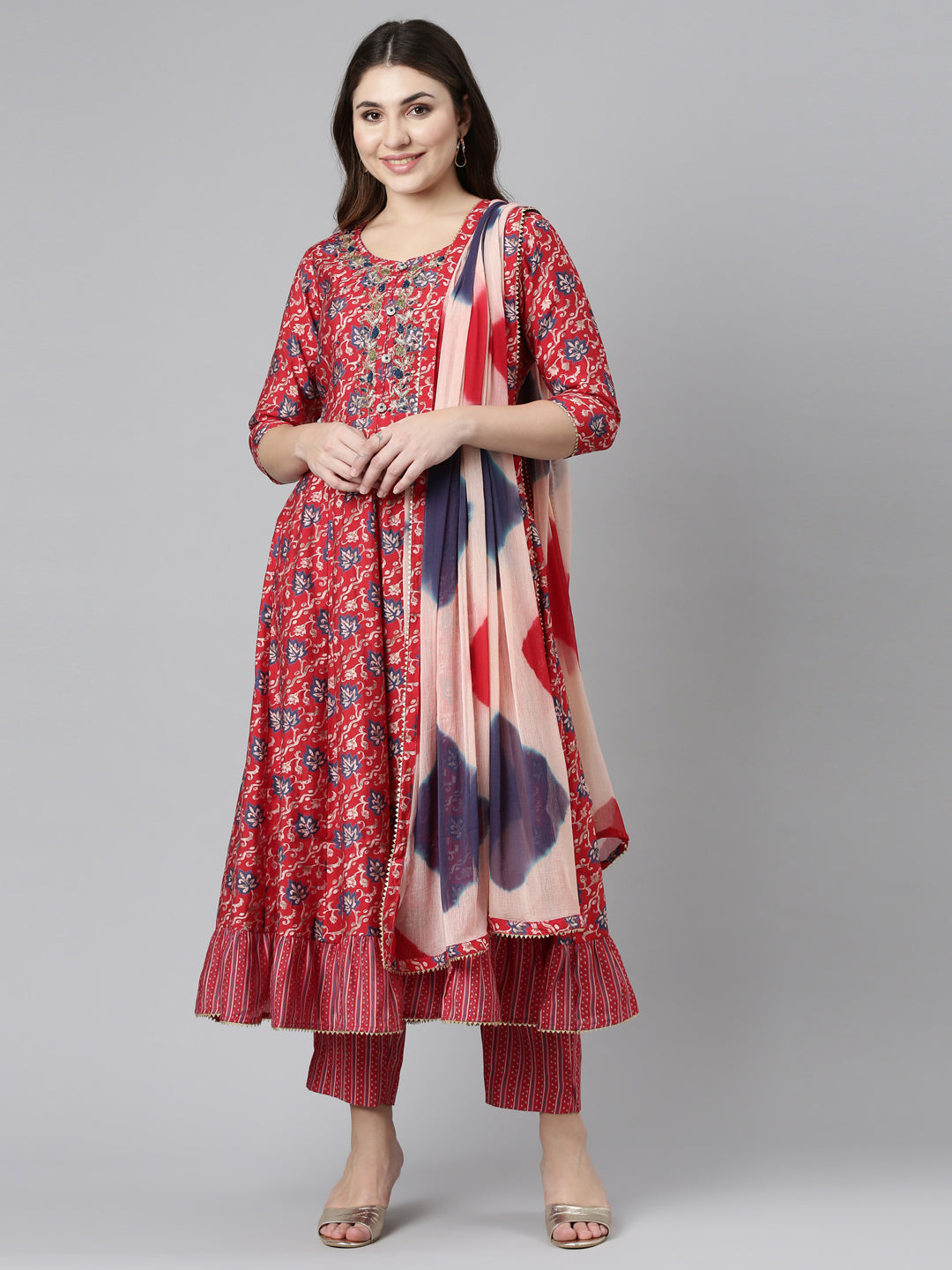 Neerus Red printed straight kurta set with dupatta - front view