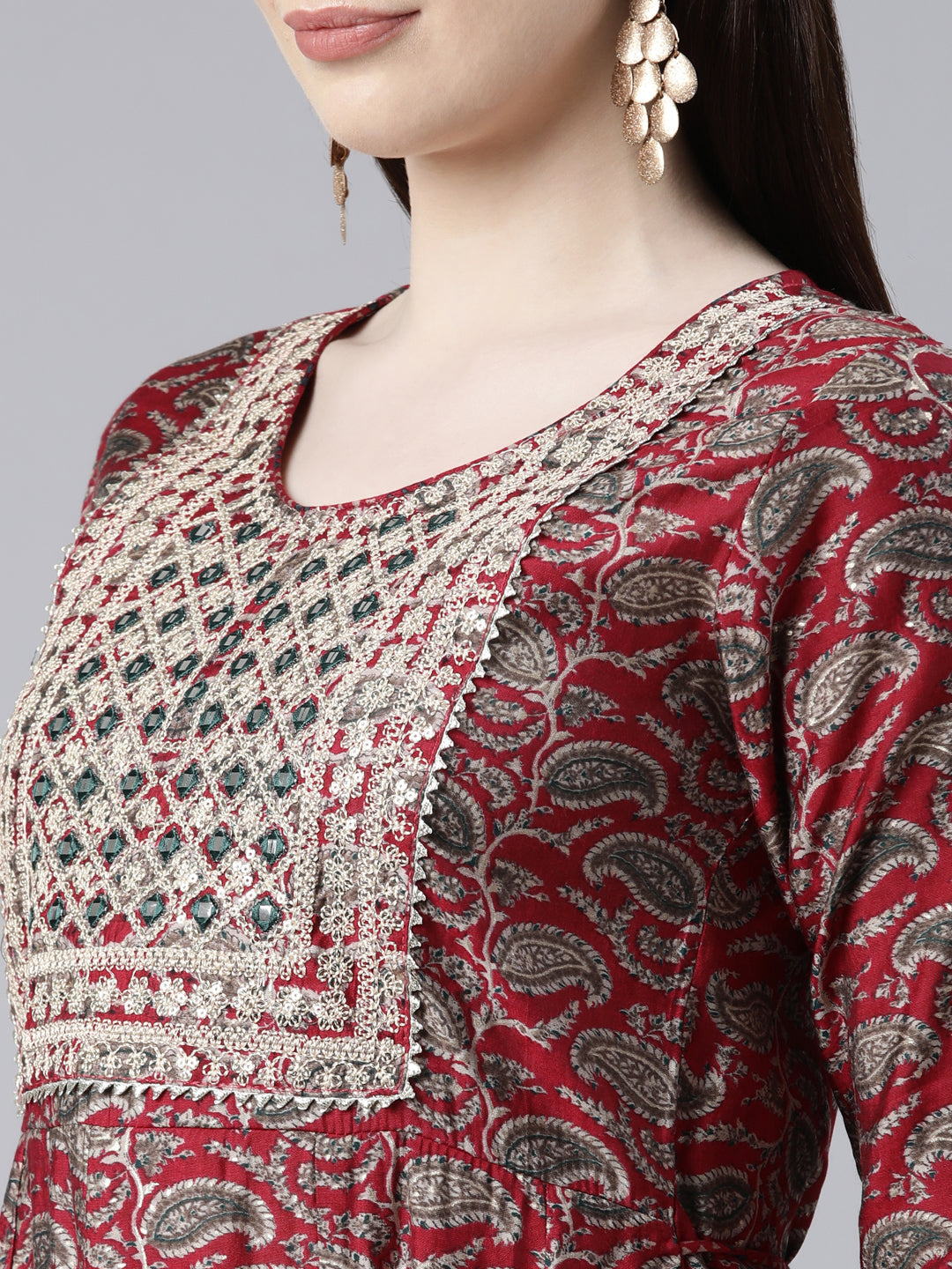 Neerus Pink printed kurta set with trouser and dupatta - detail view 1