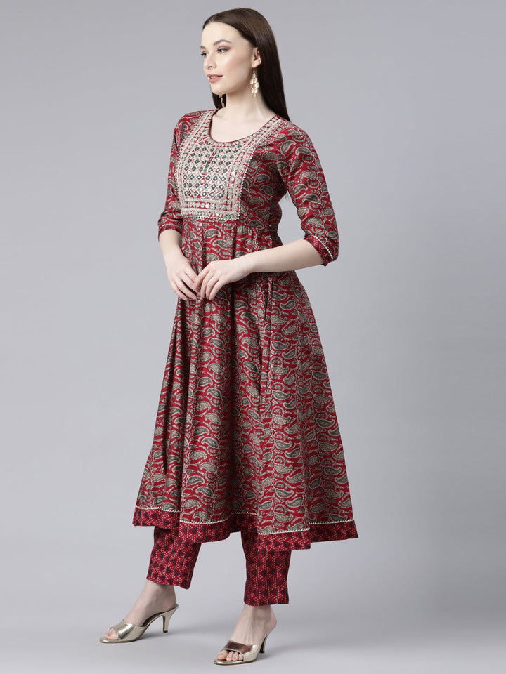 Neerus Pink printed kurta set with trouser and dupatta - back view