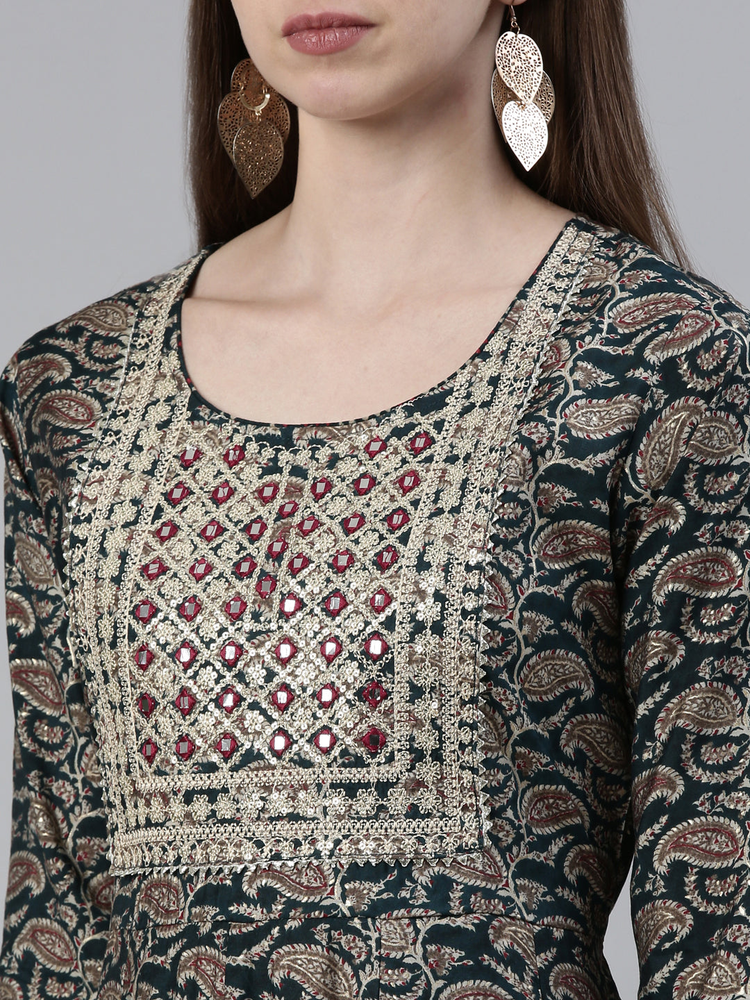 Neerus Green viscose rayon printed anarkali kurta set - detail view 1