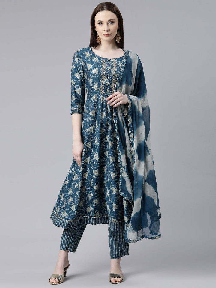 Neerus Blue Viscose Rayon Printed Anarkali Kurta Set - front view