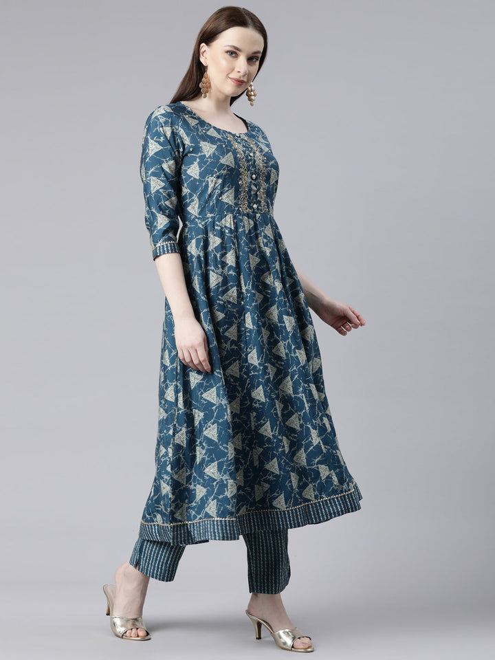 Neerus Blue Viscose Rayon Printed Anarkali Kurta Set - back view