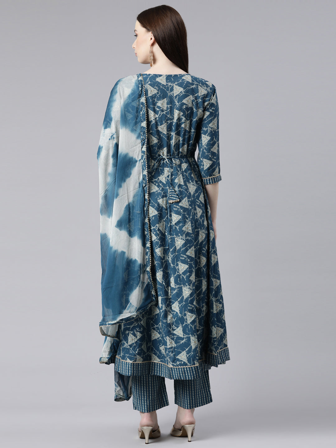 Neerus Blue Viscose Rayon Printed Anarkali Kurta Set - side view