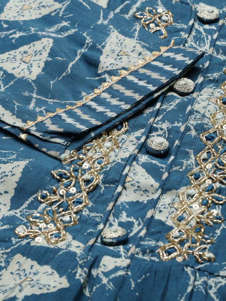 Neerus Blue Viscose Rayon Printed Anarkali Kurta Set - detail view 2