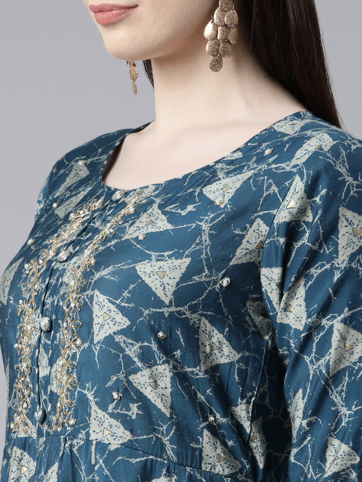 Neerus Blue Viscose Rayon Printed Anarkali Kurta Set - detail view 1
