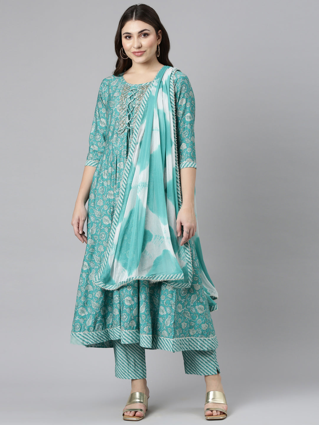 Neerus Green printed straight kurta set with dupatta - front view