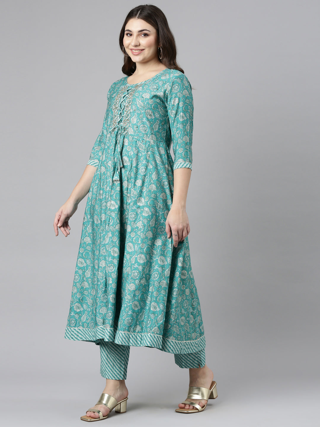 Neerus Green printed straight kurta set with dupatta - back view