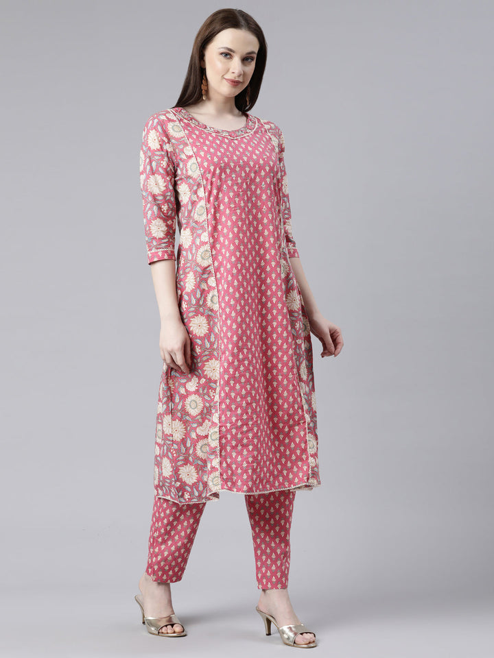Neerus Pink cotton printed kurta set with trouser and dupatta - back view