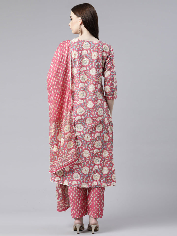 Neerus Pink cotton printed kurta set with trouser and dupatta - side view