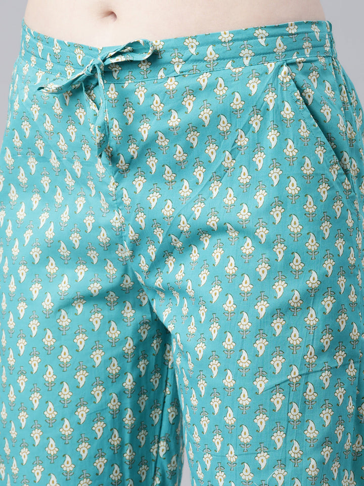 Neerus Green cotton printed kurta set with trouser and dupatta - detail view 3