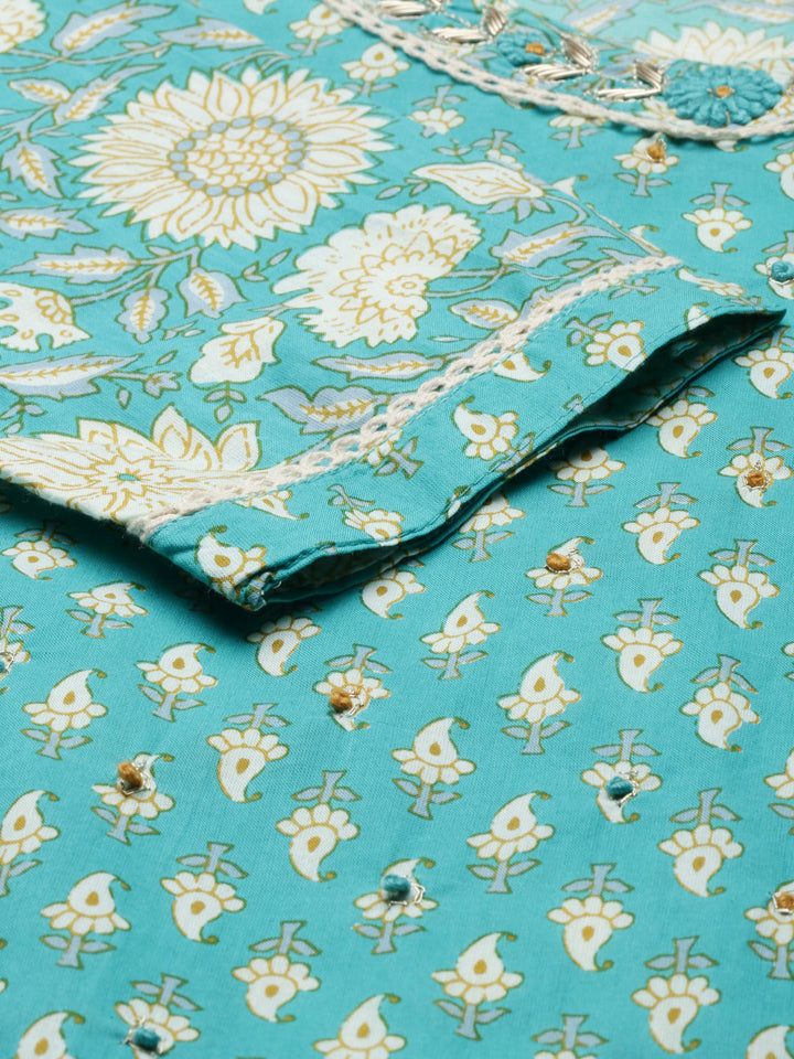Neerus Green cotton printed kurta set with trouser and dupatta - detail view 2