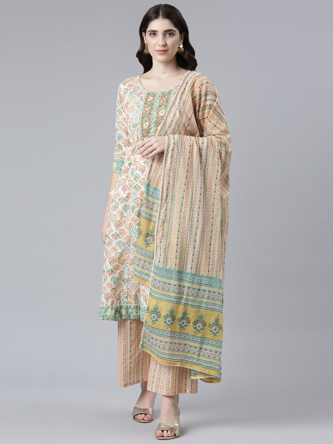 Neerus Orange cotton printed kurta set with palazzo and dupatta - front view