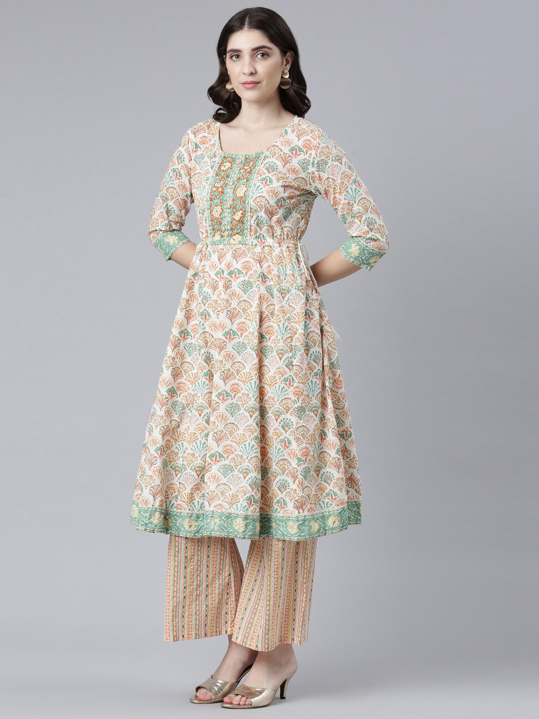 Neerus Orange cotton printed kurta set with palazzo and dupatta - back view