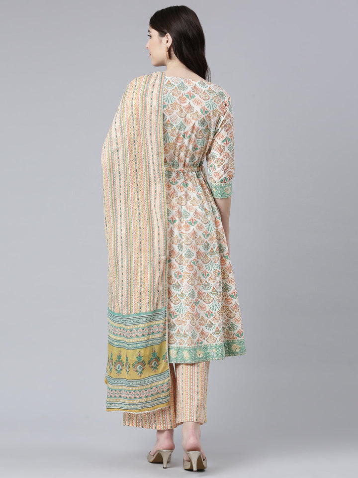 Neerus Orange cotton printed kurta set with palazzo and dupatta - side view