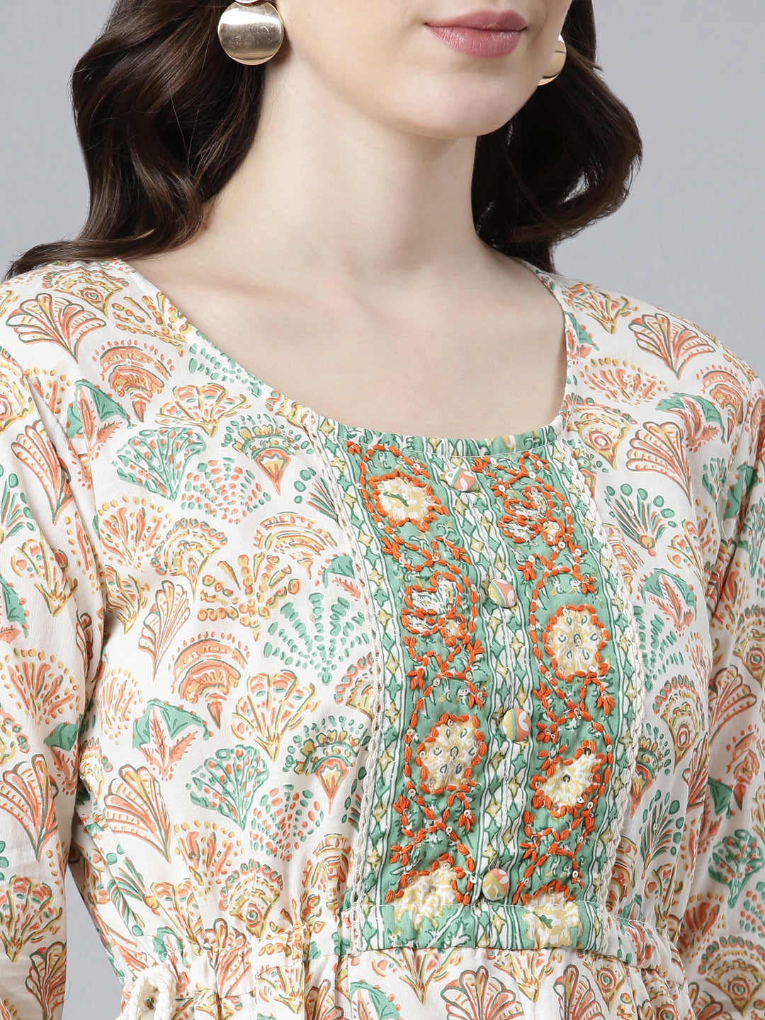 Neerus Orange cotton printed kurta set with palazzo and dupatta - detail view 1