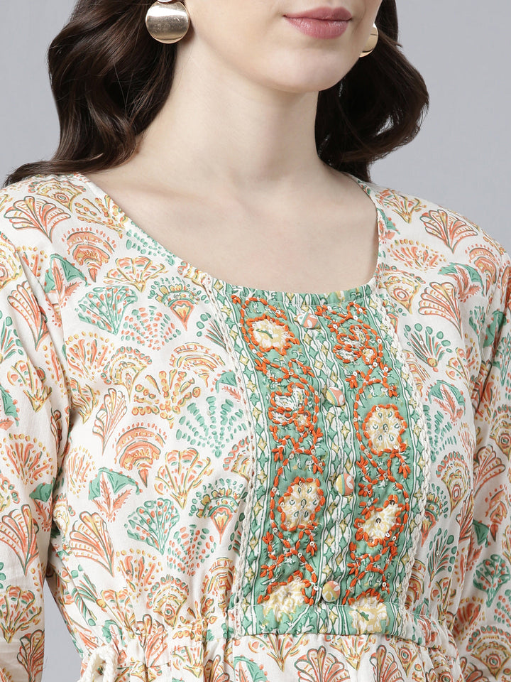 Neerus Orange cotton printed kurta set with palazzo and dupatta - detail view 1