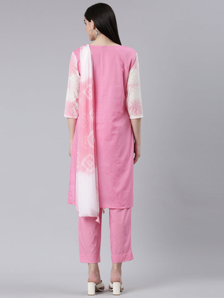 Neerus Pink chiffon printed kurta set with trouser and dupatta - side view