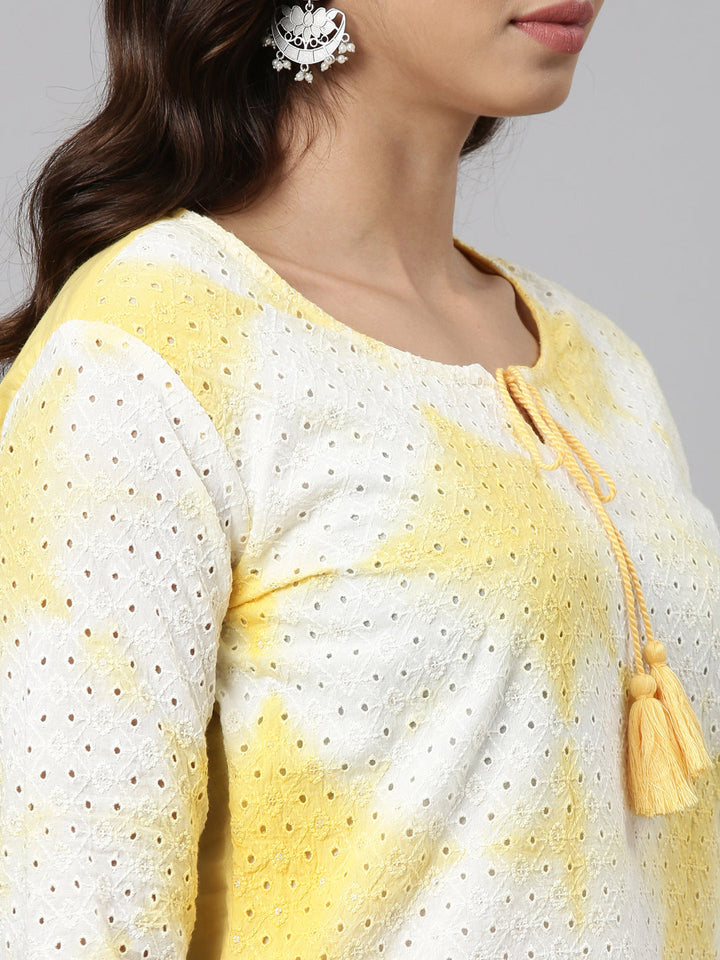 Neerus Yellow cotton solid kurta set with trouser and dupatta - detail view 1