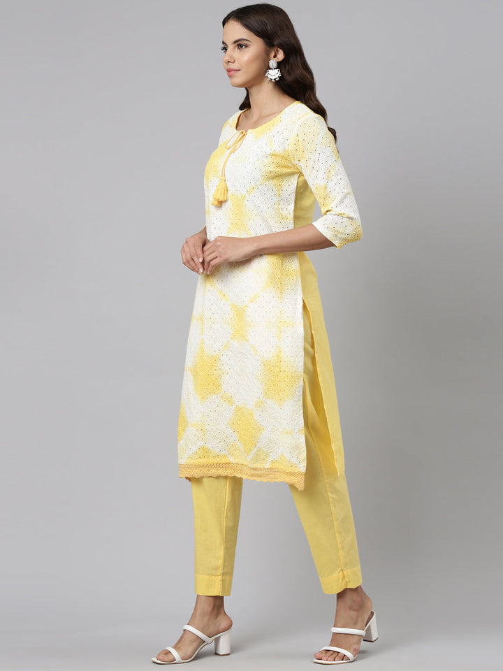Neerus Yellow cotton solid kurta set with trouser and dupatta - back view
