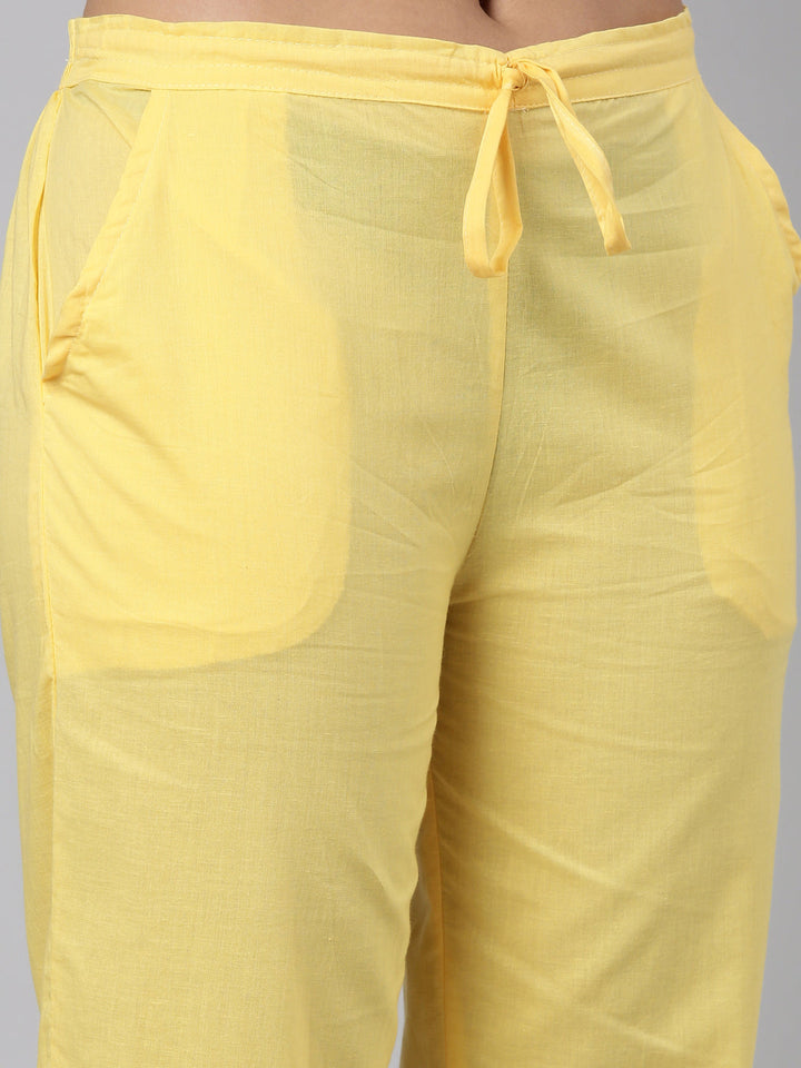 Neerus Yellow cotton solid kurta set with trouser and dupatta - detail view 3