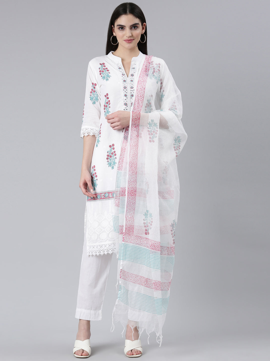 Neerus Purple cotton printed kurta set with dupatta - front view