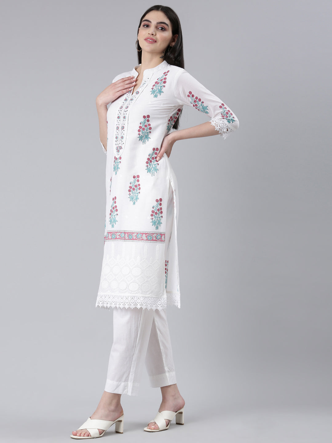 Neerus Purple cotton printed kurta set with dupatta - back view