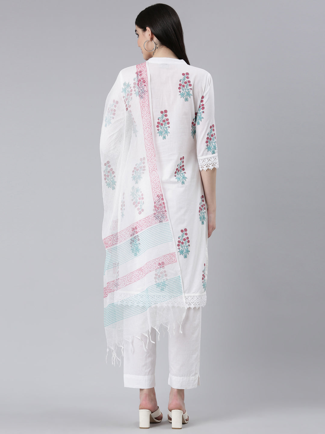 Neerus Purple cotton printed kurta set with dupatta - side view