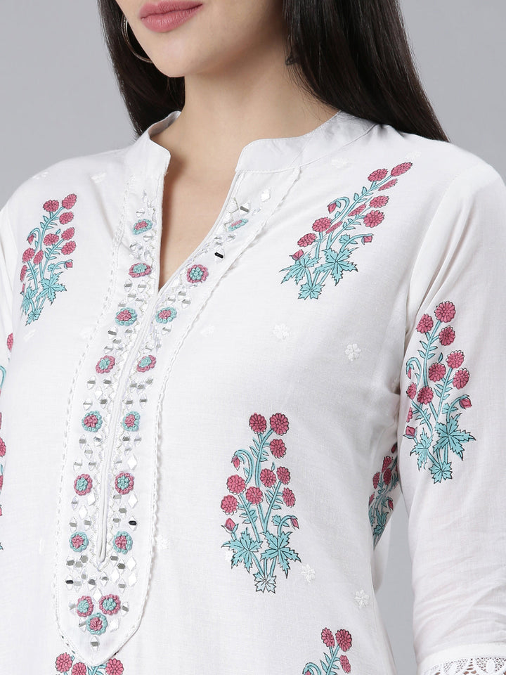 Neerus Purple cotton printed kurta set with dupatta - detail view 1
