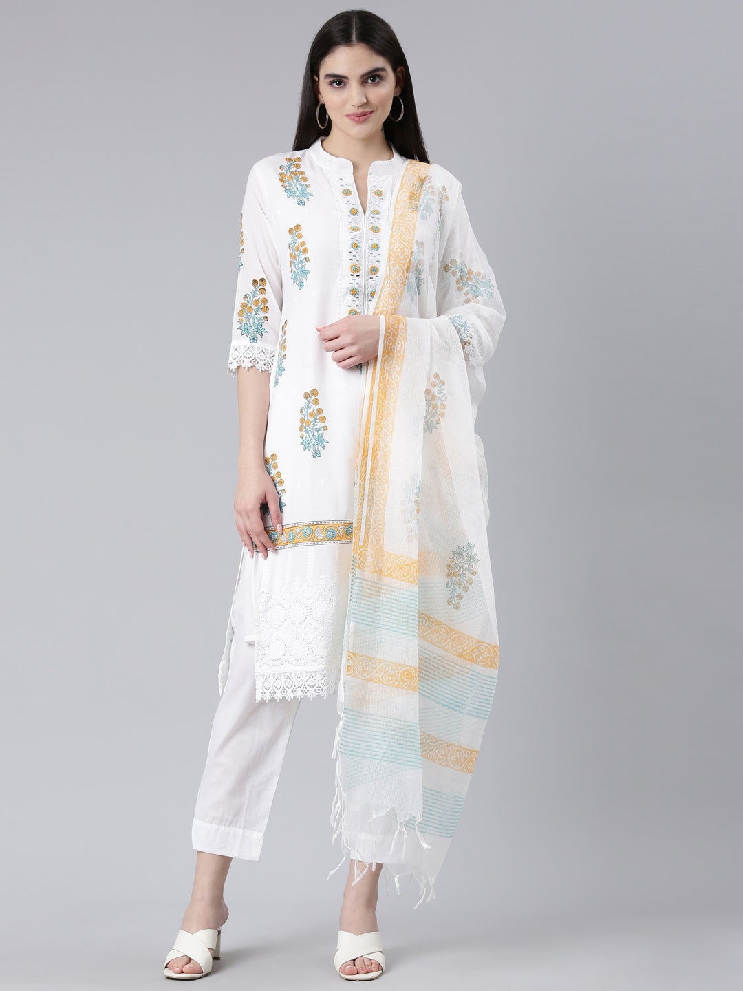 Neerus Yellow cotton printed kurta set with trouser and dupatta - front view